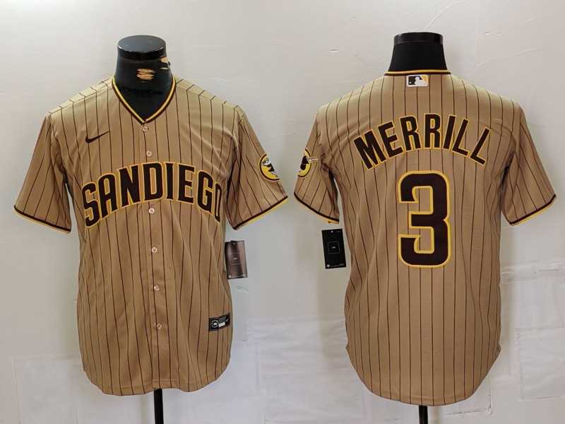 Men%27s San Diego Padres #3 Jackson Merrill Tan NEW 2023 Cool Base Stitched Jersey